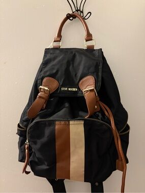 Steve Madden Black Backpack with Brown Trim and Stripe